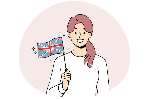 Mujer joven sonriente sosteniendo la bandera del Reino Unido en las manos Mujer feliz con signo nacional británico Ilustración vectorial