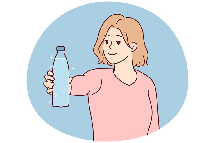 Vector mujer joven sonriente sostiene una botella de agua recomienda beber agua limpia clara