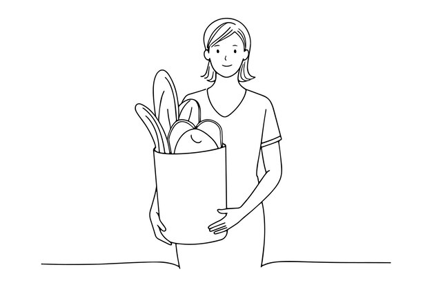 mujer joven sosteniendo una bolsa de comestibles Ilustración vectorial de arte de línea continua en fondo blanco