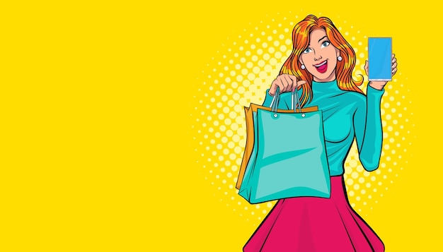 Mujer joven sosteniendo bolsas de la compra y smartphone Pop Art Comic Style
