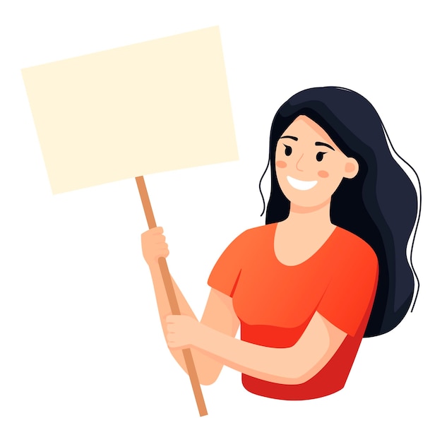Una mujer joven sosteniendo un cartel en blanco con lugar para texto Ilustración de moda de vector de estilo dibujado a mano
