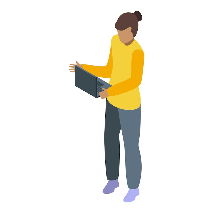 Vector mujer joven sosteniendo una computadora portátil presentando algo icono isométrico