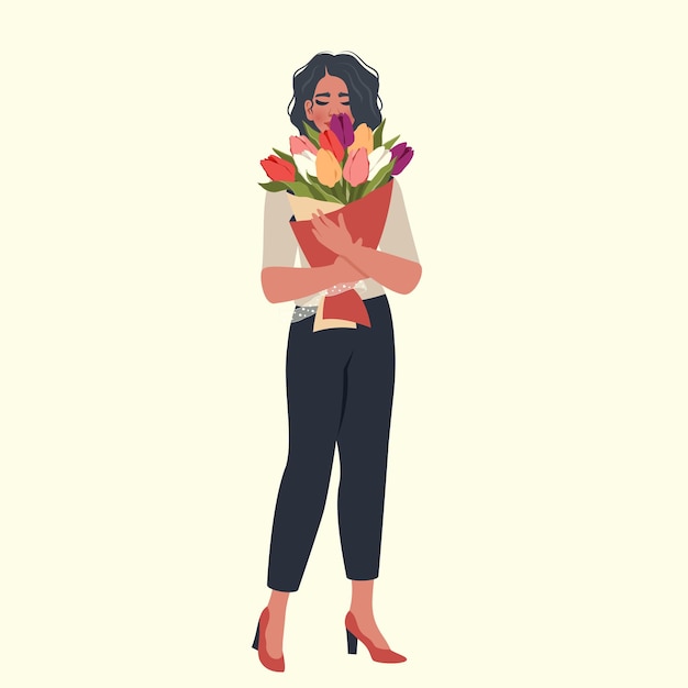 Mujer joven sosteniendo racimos de flores florecientes Personaje de niña con ramo de tulipanes Retrato de cara de moda de belleza Ilustración plana vectorial para el concepto de amor de regalo Día de la mujer Día de San Valentín