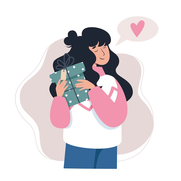 Mujer joven sosteniendo un regalo, ilustración de estilo plano