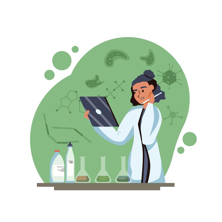 Vector mujer joven sosteniendo tableta y mirando resultados estudio y prueba de producto en espacio de laboratorio