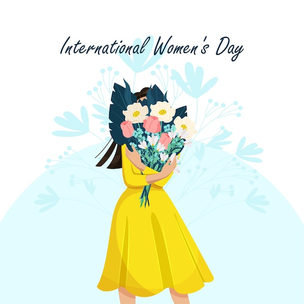 La mujer joven sostiene un hermoso ramo de flores Día Internacional de la Mujer Ilustración vectorial