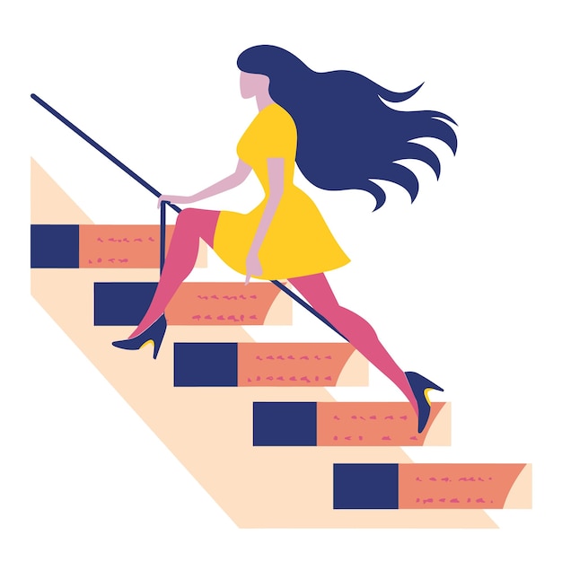 Mujer joven subiendo escaleras elegantemente colores audaces mujer subiendo vestido de estilo moderno alto