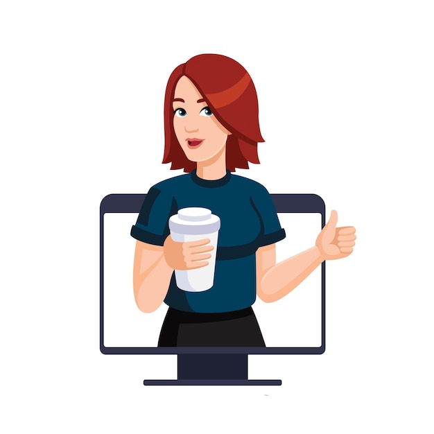 Mujer joven con taza de café Muestra los pulgares hacia arriba desde el monitor de la computadora Educación en línea Me gusta en las redes sociales Vector