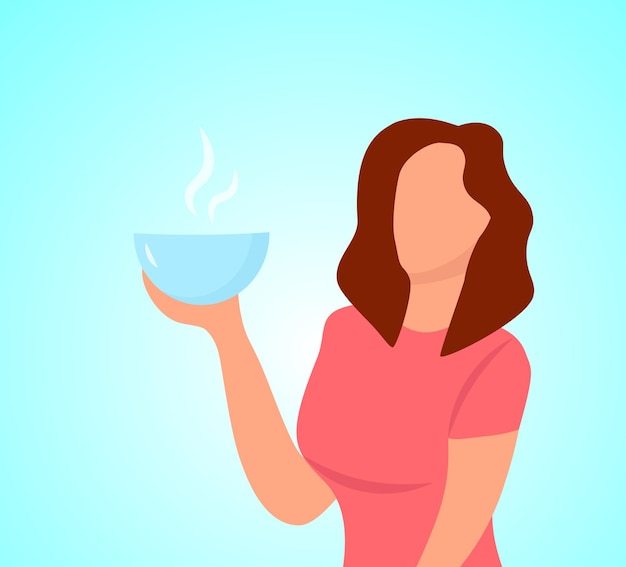 Vector mujer joven con tazón de gachas de avena en la mano, concepto de desayuno de ilustración plana colorida