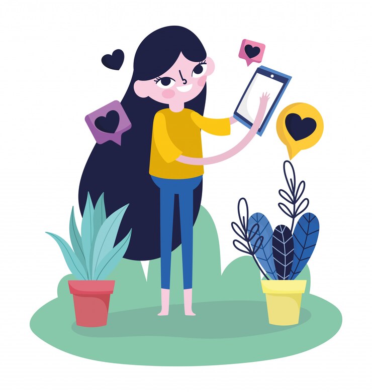 Vector mujer joven teléfono inteligente discurso burbujas amor romántico redes sociales
