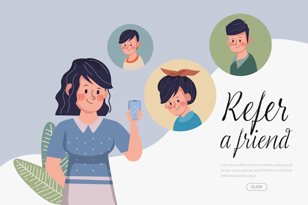 La mujer joven tiene referir a un amigo con teléfono inteligente. la página de destino web se refiere al concepto de amigo. diseño de vector de dibujos animados dibujados a mano.