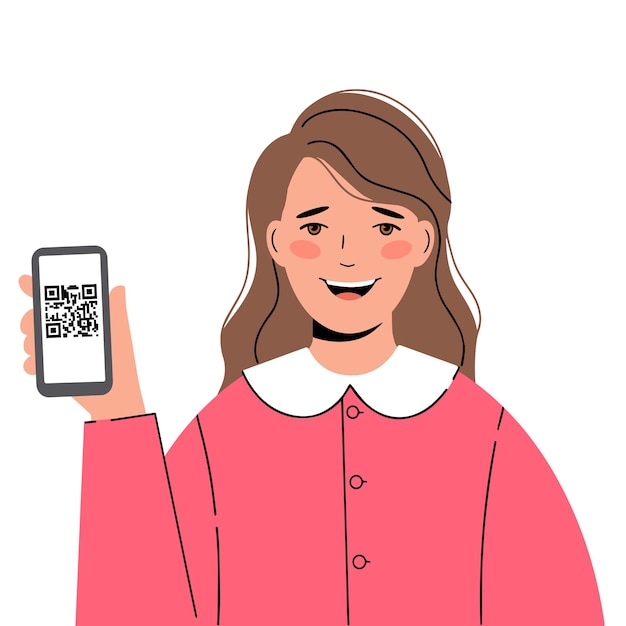 Mujer joven tiene un teléfono móvil en la mano. Se muestra un código QR en él.