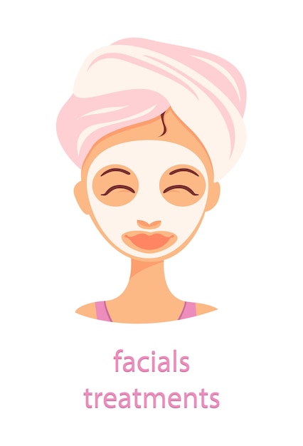 Mujer joven en toalla de baño con máscara cosmética en su rostro.