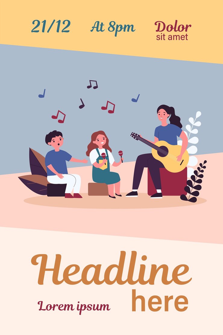 Vector mujer joven tocando la guitarra para niños