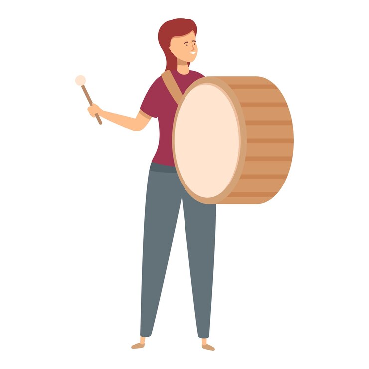 Mujer joven tocando el tambor bajo en una banda de música