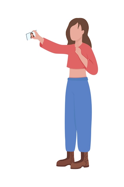 Mujer joven toma carácter vectorial de color semi plano selfie