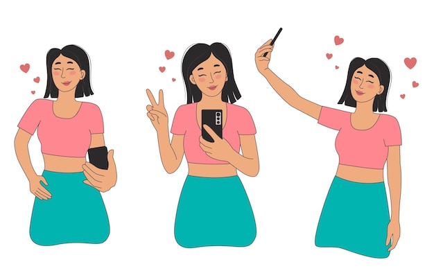 Mujer joven tomando un conjunto de selfies Mujer tomando selfies en el teléfono inteligente en diferentes poses despreocupada y linda