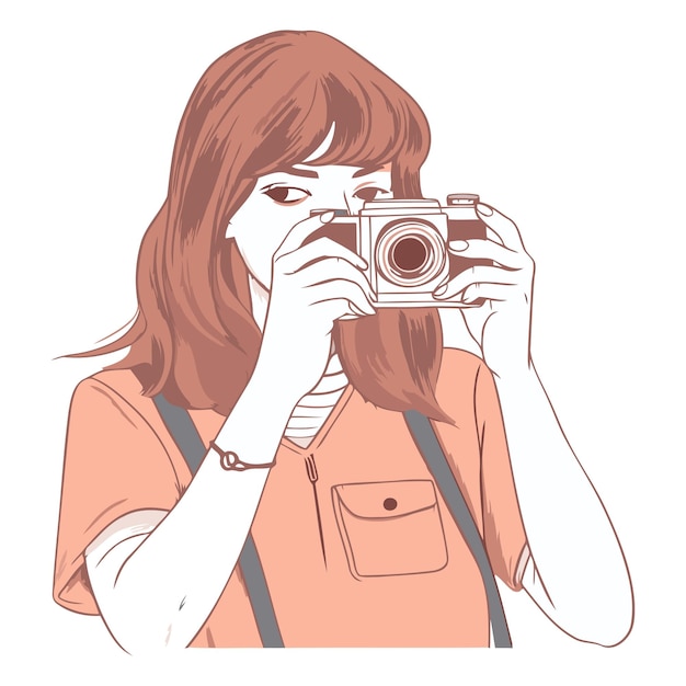 Vector mujer joven tomando una foto con una cámara en estilo boceto