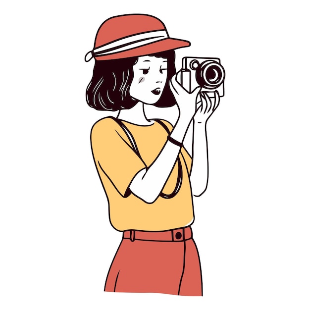 Mujer joven tomando una foto con una cámara retro en estilo de dibujos animados