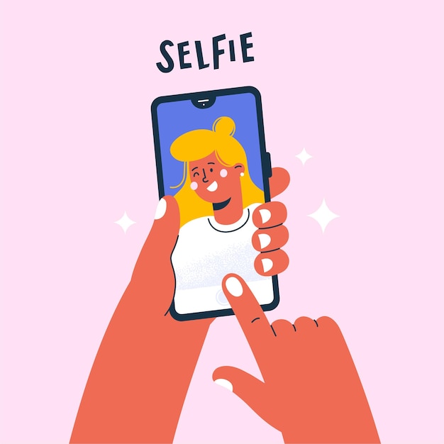 Vector mujer joven tomando foto selfie en smartphone.