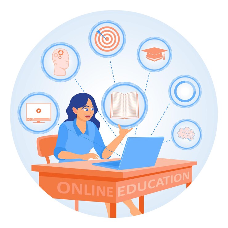 Vector mujer joven tomando lecciones en línea en una pantalla de computadora educación de tecnología de internet concepto de educación en línea ilustración vectorial plana