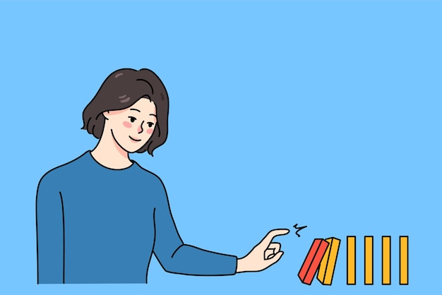 Mujer joven toque derribar hacer dominó caer Mujer feliz jugando juego Desafío y riesgo Concepto de efecto dominó Ilustración de vector de personaje de dibujos animados plana