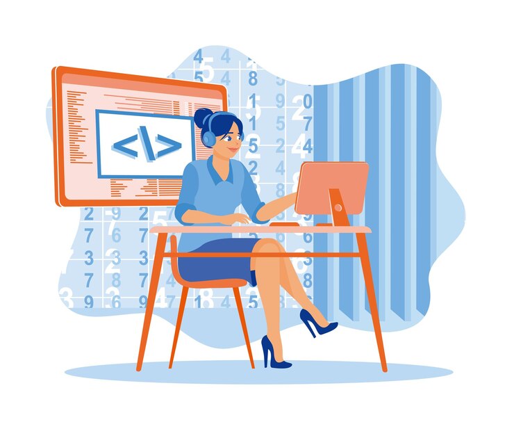 Vector mujer joven trabajando en la computadora mientras escucha música mujeres trabajando en oficinas modernas