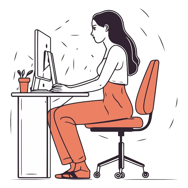 Mujer joven trabajando en la computadora en la oficina en estilo lineal