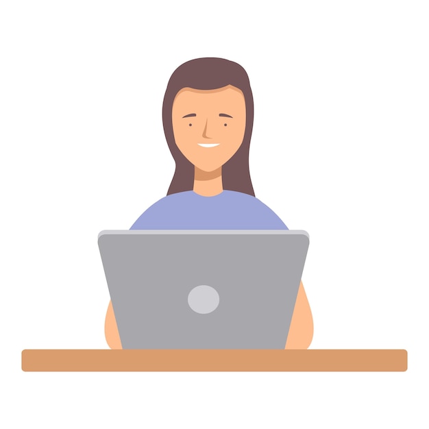 Mujer joven trabajando en una computadora portátil en el escritorio sonriendo
