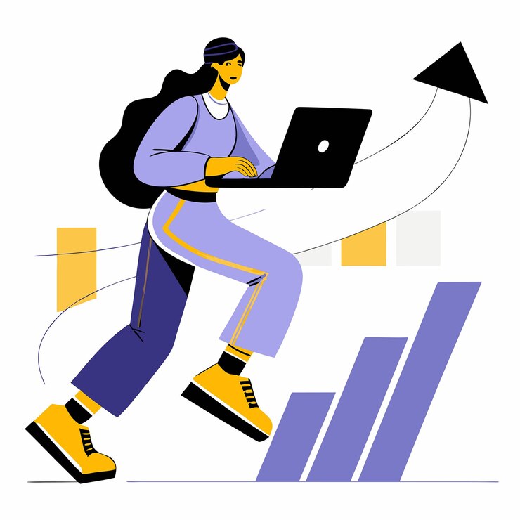 Vector una mujer joven trabajando remotamente con su portátil con ropa casual