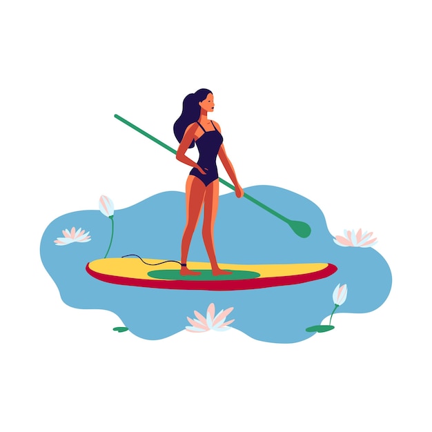 Mujer joven en traje de baño nadando en una tabla de SUP en el lago entre flores de nenúfar arte de ilustración plana vectorial