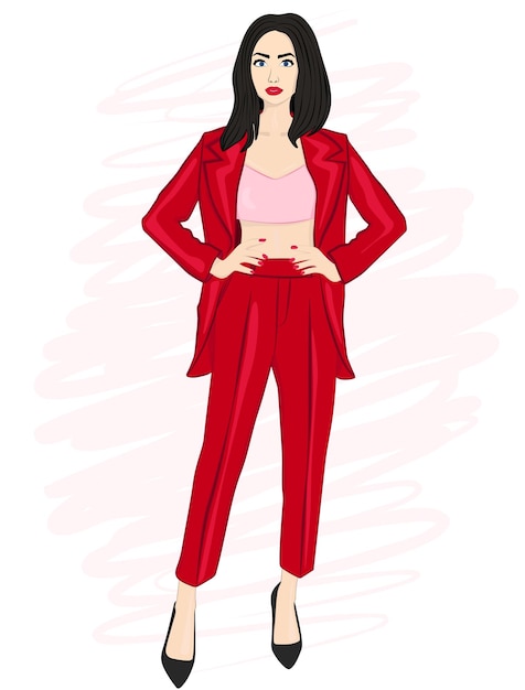 mujer joven, en, un, traje, y, zapatos, chaqueta roja, y, pantalones, aislado, en, blanco