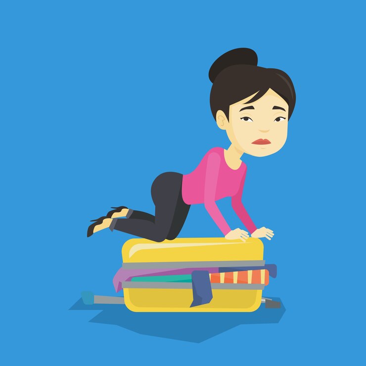 Vector mujer joven tratando de cerrar la maleta.