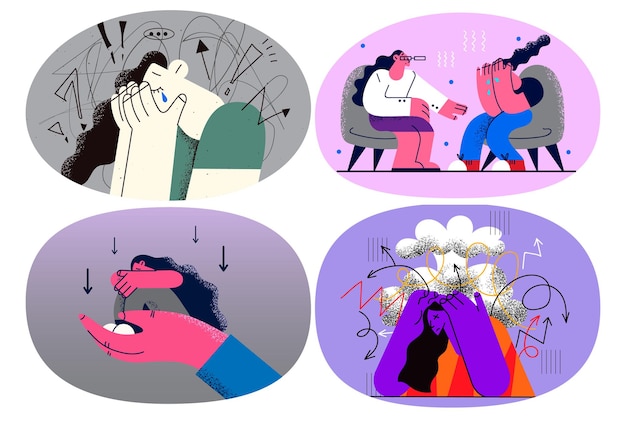 La mujer joven triste se siente rota, sufre de depresión y necesita asesoramiento psicoterapéutico. Infeliz niña llora lucha con trastorno mental o agotamiento. Ansiedad y ataque de pánico. Ilustración vectorial. Colocar.