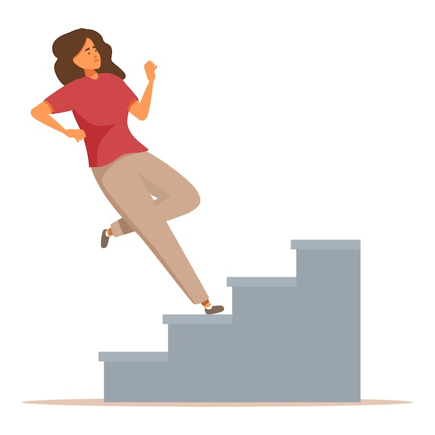 Mujer joven tropezando en las escaleras teniendo un accidente