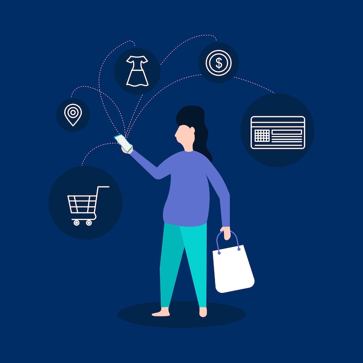 Vector mujer joven usando una aplicación de compras en línea en su móvil