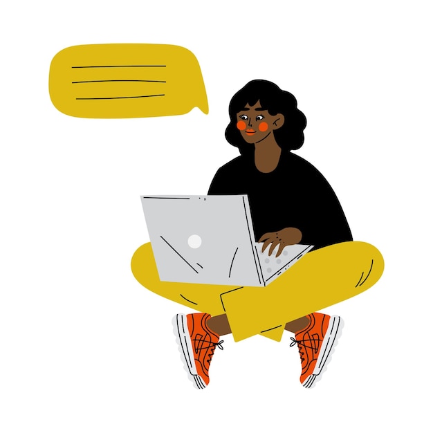 Mujer joven usando una aplicación de mensajería de computadora portátil Chica hablando en línea Ilustración vectorial