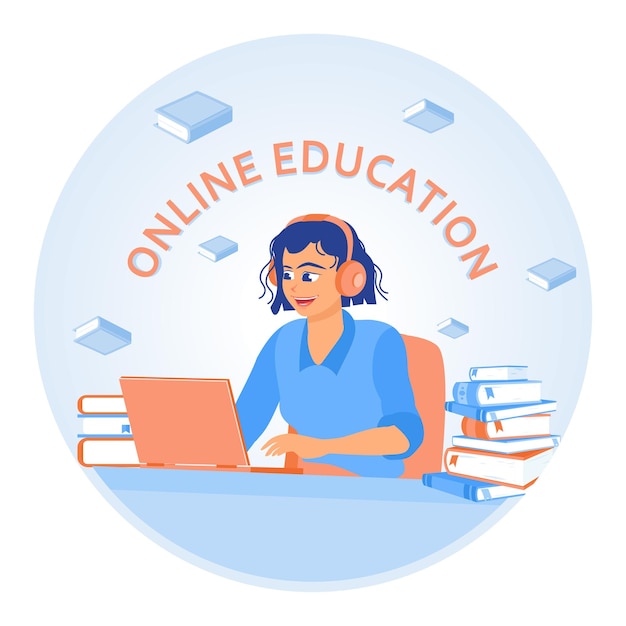 Mujer joven usando auriculares frente a la computadora portátil Tome capacitación educativa en línea desde casa Concepto de educación en línea Ilustración vectorial plana