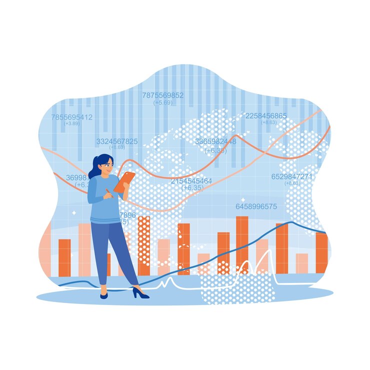 Vector mujer joven usando una tableta digital con gráficos forex analizando gráficos financieros en una pantalla virtual