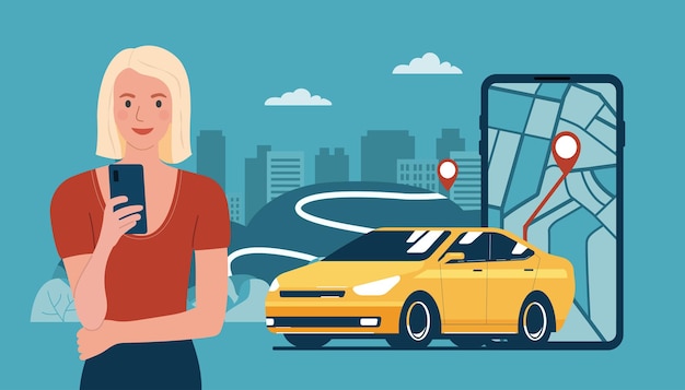 Mujer joven utiliza un servicio de alquiler de coches o taxi en su teléfono inteligente. Ilustración vectorial.