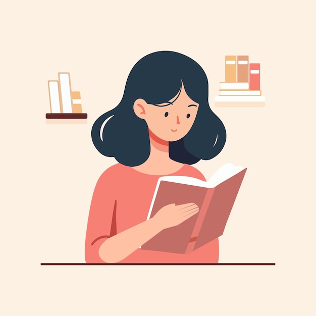 Mujer joven vectorial sentada leyendo un libro ilustración vectorial de estilo plano