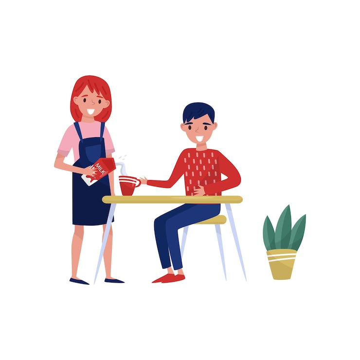 Vector mujer joven vertiendo leche fresca en la taza de café del marido hombre sonriente sentado detrás de la mesa ilustración de vector plano