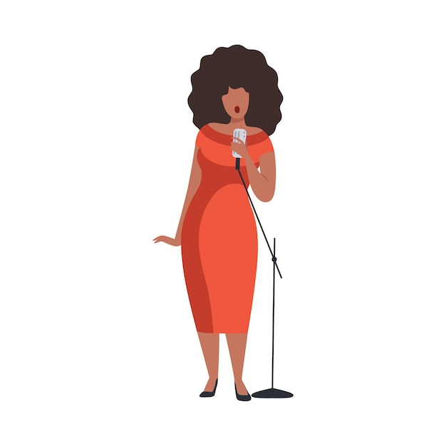 Vector mujer joven en vestido de noche rojo cantando con micrófono hermosa cantante de jazz afroamericana ilustración vectorial sobre fondo blanco