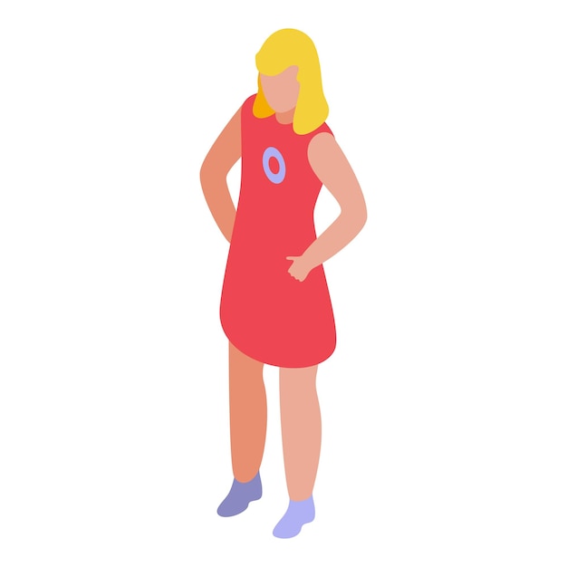 Una mujer joven con un vestido rojo con un alfiler de grupo sanguíneo está de pie con las manos en las caderas