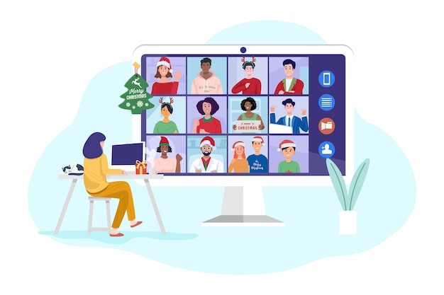 Mujer joven con videoconferencia en computadora con sus amigos en casa.