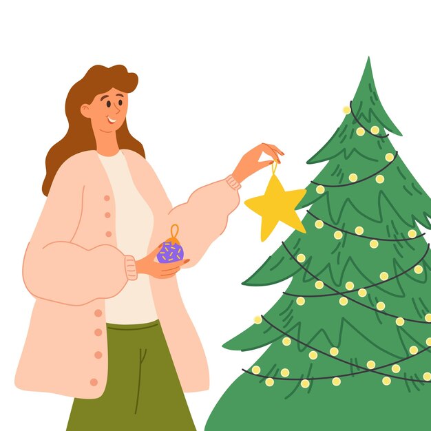 Mujer joven se viste con un árbol de Navidad Tarjeta de felicitación para Feliz Navidad y Feliz Año Nuevo Perfecto para folleto y folleto y sitio web Ilustración vectorial