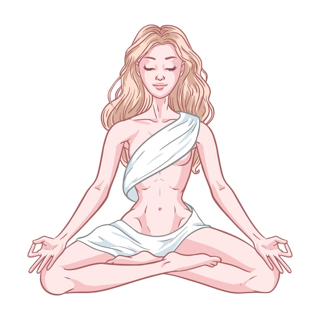 Vector mujer joven yogui meditando en posición de loto aislado sobre fondo blanco. ilustración vectorial