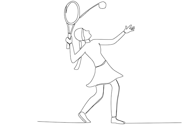 Una mujer jugando al tenis con una raqueta en un torneo de arte de una línea