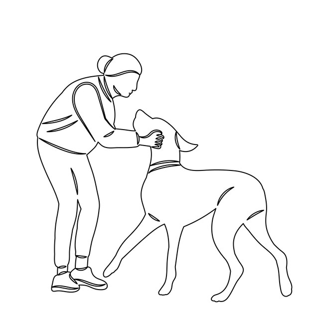 mujer jugando con boceto de perro en vector de fondo blanco