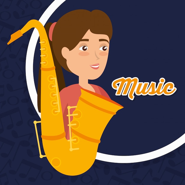 mujer jugando carácter de saxofón